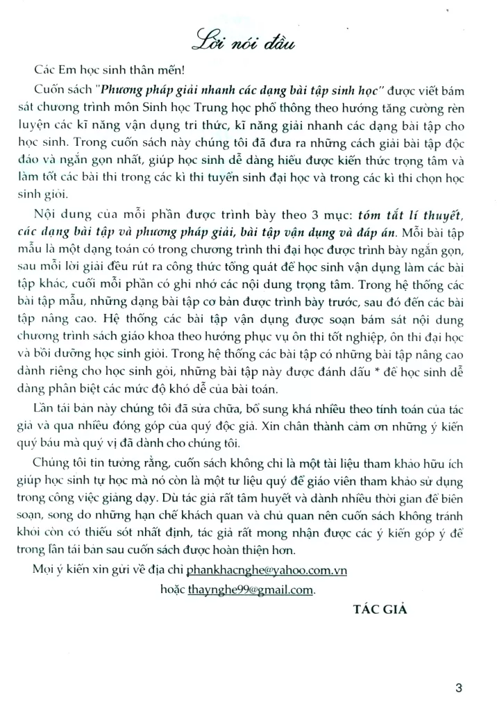 PHƯƠNG PHÁP GIẢI NHANH CÁC DẠNG BÀI TẬP SINH HỌC (Bồi dưỡng học sinh giỏi, Ôn thi THPT Quốc gia)